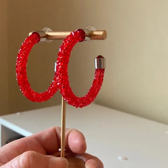 Red Crystal Textured Hoop Earrings - Picture 3 of 9